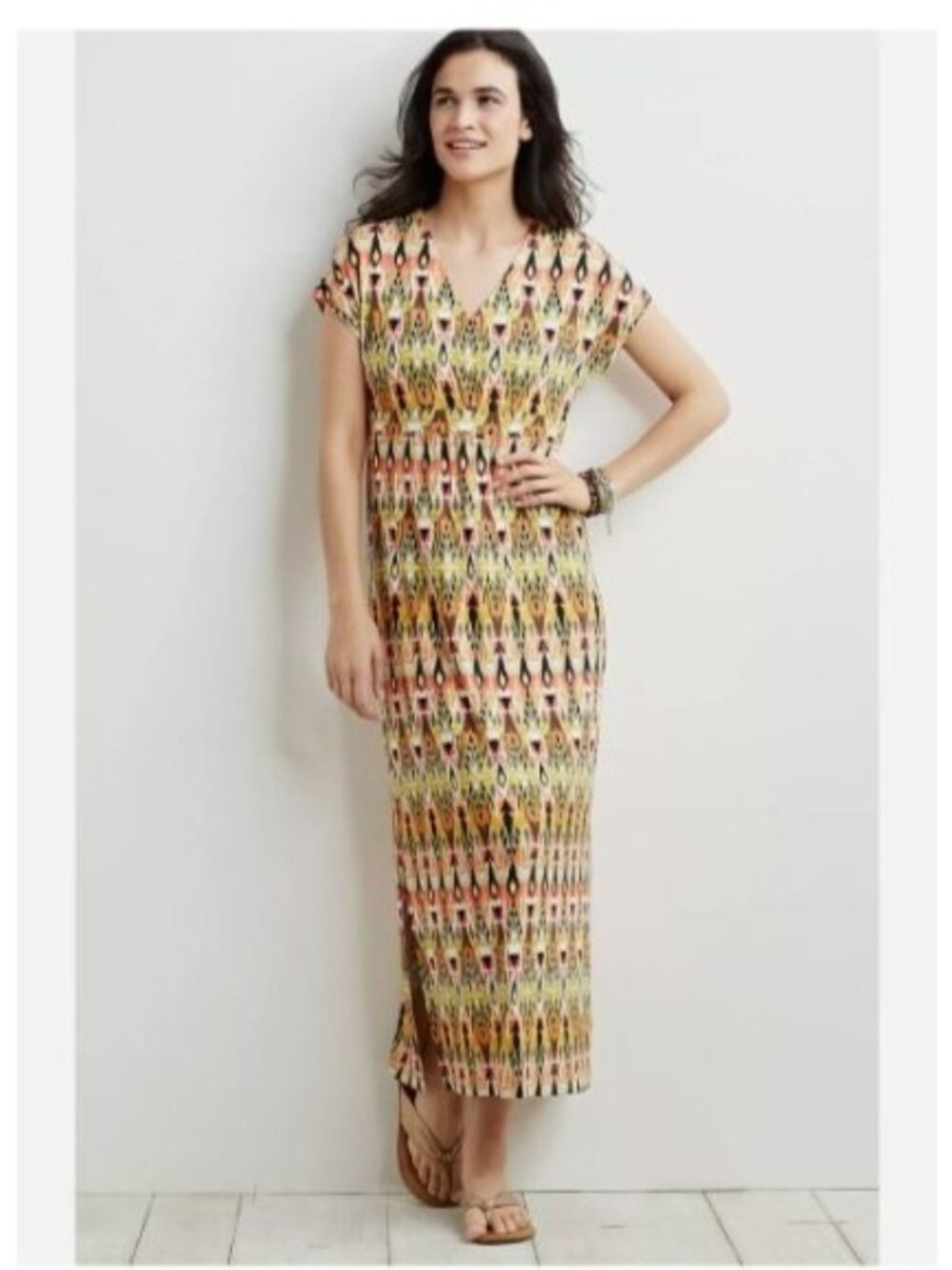 J.Jill Womens maxii Dress size medium petite Geometric Print V-Neck Short Sleeve
